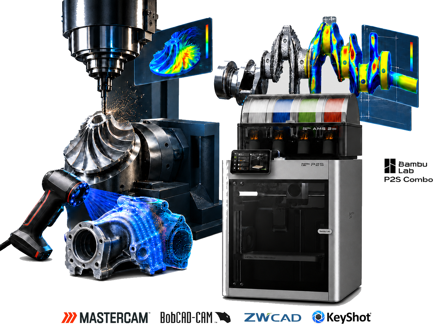 CAM-BROS industrial engineering solutions featuring Mastercam, BobCAD-CAM, the Bambu Lab P2S Combo, CNC machining, simulation and 3D scanning